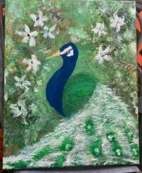 A painting of a peacock and flowers